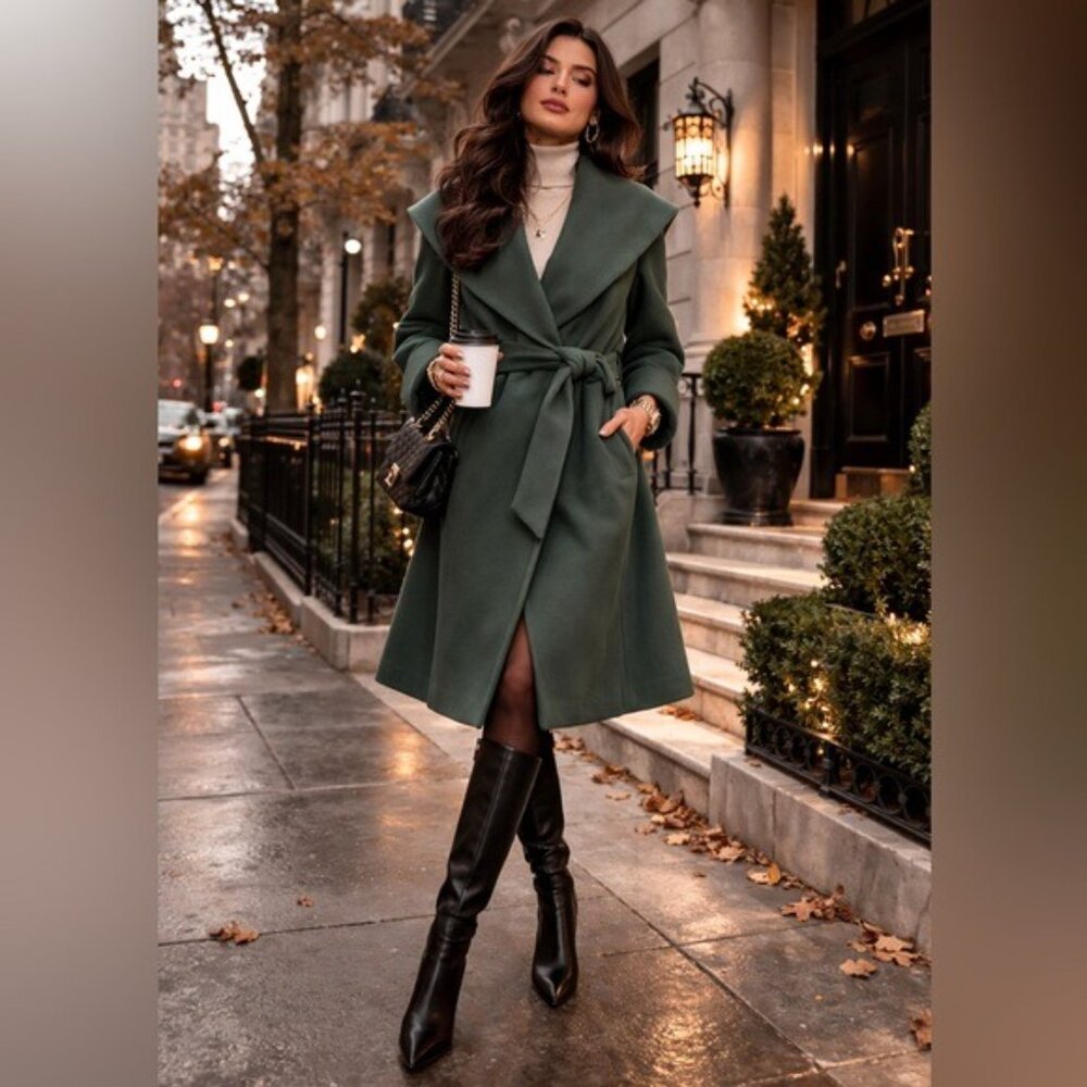 Trina Turk Wool Blend Wrap Coat Green Size 6 Quiet Luxury Forestcore Chic - Picture 12 of 13